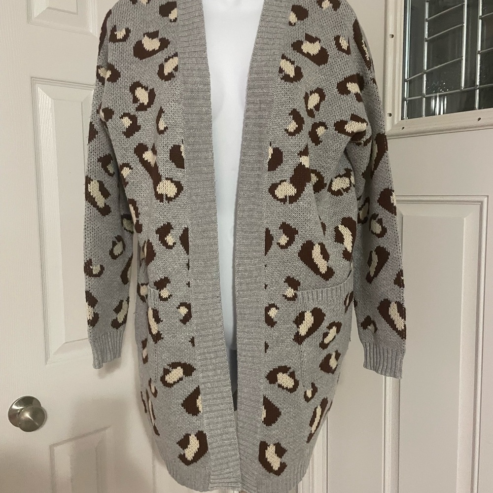 ODDI Leopard Print Open Front Cardigan Gray Brown | S/M